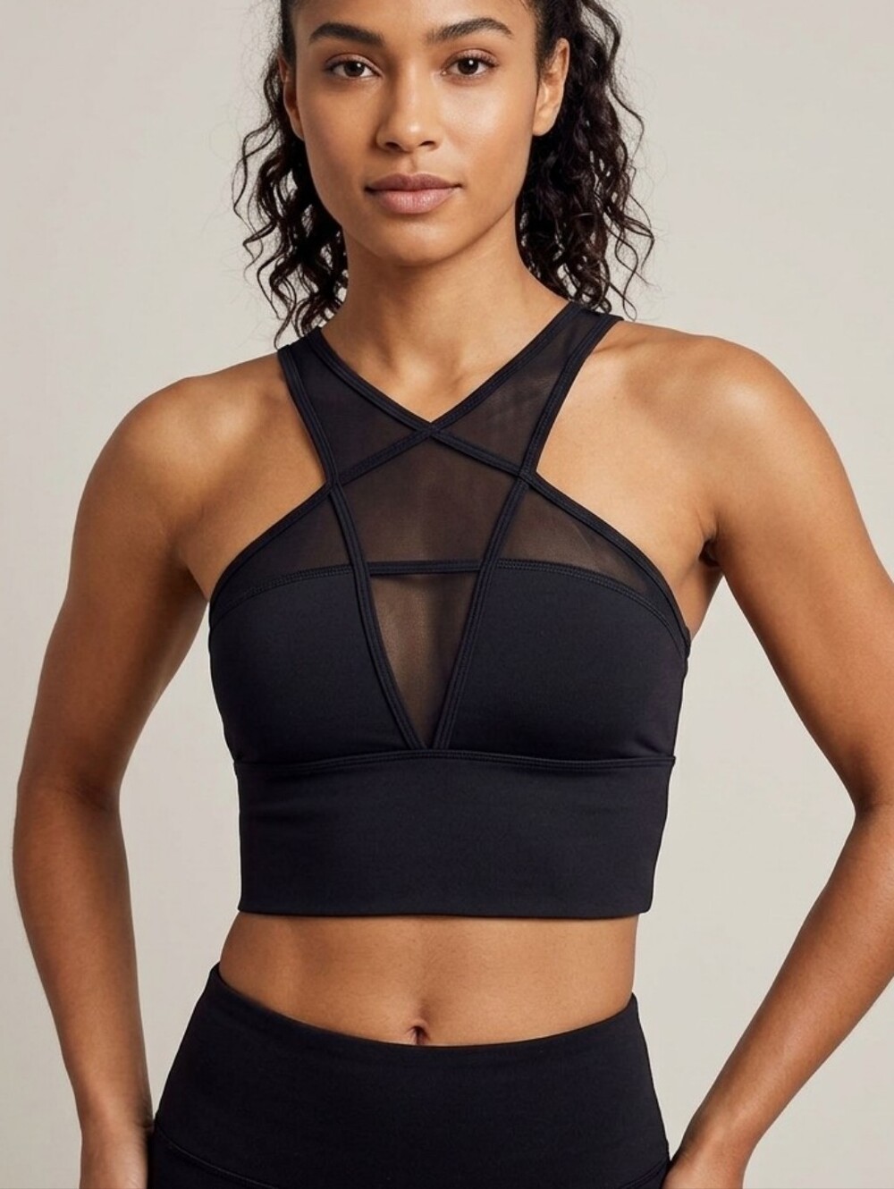 Free People Movement Black Pentagram Star Mesh-Panel Crop Top Sports Bra, Md